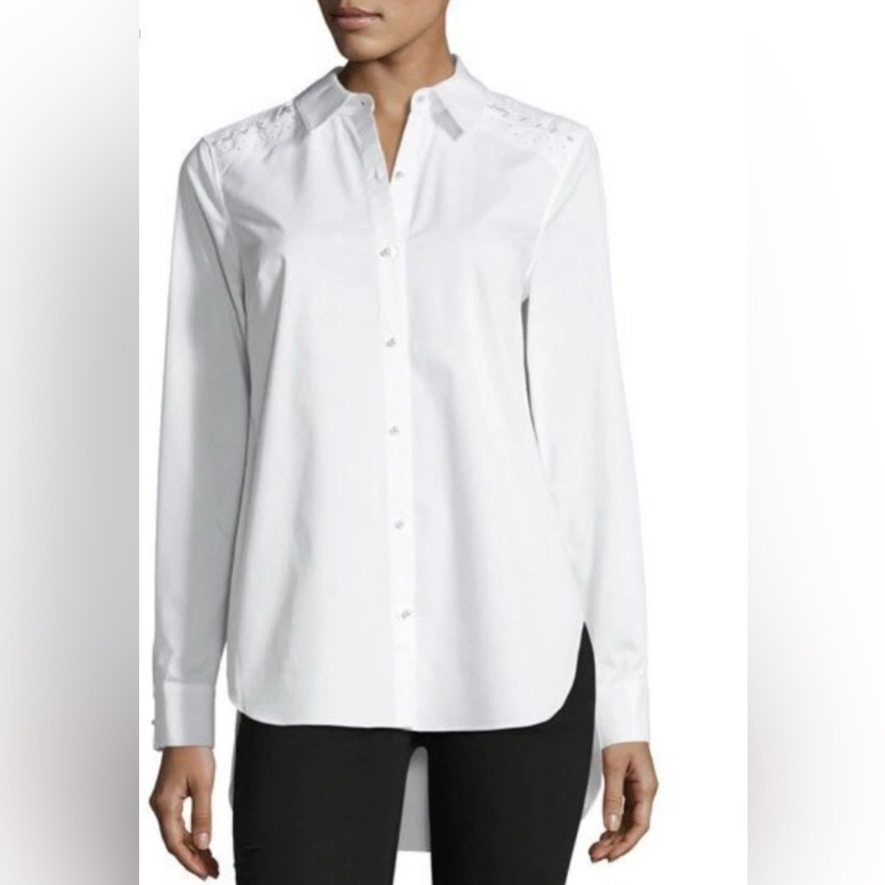 Elie Tahari Elina Pearl Button Embellished Button Down Shirt Womens Medium